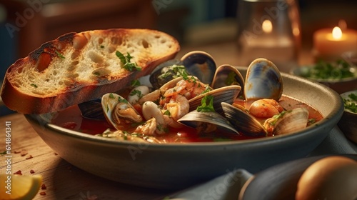 Zuppa di Pesce with a side of crusty bread for dipping