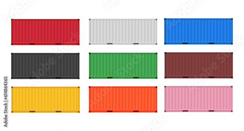 Large shipping containers. Set of cargo containers in different colors. Vector illustration. Isolated on white background.	
