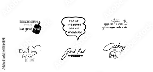 Set healthy food and eating lettering quotes for posters, decoration, prints, t-shirt design. Hand drawn typography. Handwritten kitchen or cafe slogans. Modern brush calligraphy.