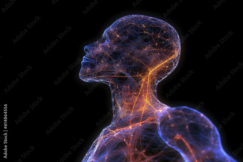 illustration. the human body transparent on a dark background and the nervous system with