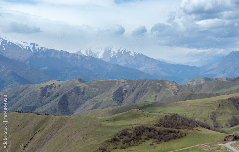 Ingushetia, Russia. Aerial beautiful summer landscape of Caucasus mountain. Travel nature panorama