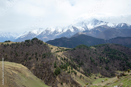 Ingushetia, Russia. Aerial beautiful summer landscape of Caucasus mountain. Travel nature panorama