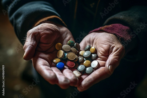 Medicine pills in old hands.