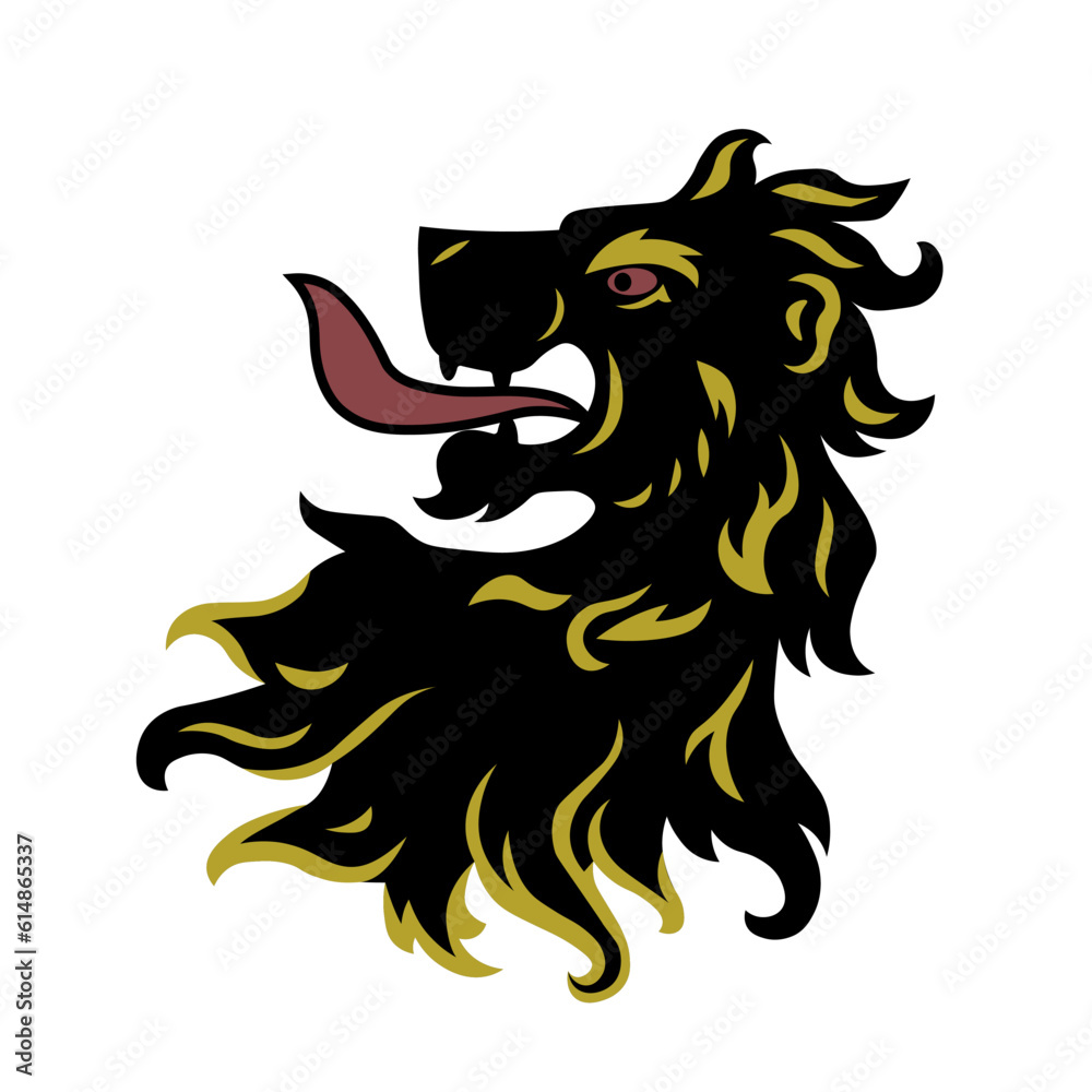 Fototapeta premium Heraldic lion head. Symbol, sign, line, icon, silhouette, tattoo. Isolated vector illustration.