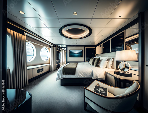 An interior shot of a luxurious cabin on a yacht or  cruise ship, with a plush bed, polished wood finishes, and sea views through the window - Generative AI