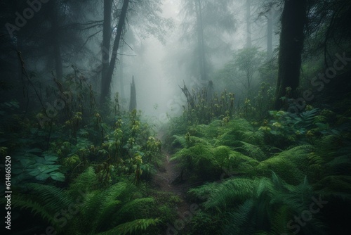 A verdant woodland shrouded in mist. Generative AI