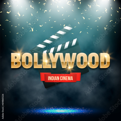 Bollywood indian cinema. Movie banner or poster with clapperboard illuminated by spotlights. Vector illustration.