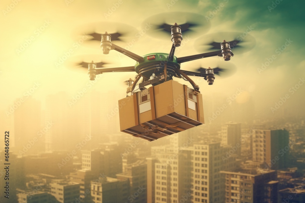 A drone carrying a package ready for delivery. Generative AI A drone carrying a package ready for delivery. Generative AI