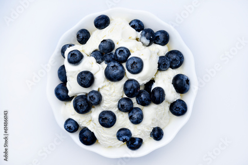 Ice cream with berries. Ice cream in a ceramic bowl. Ice cream and blueberries.