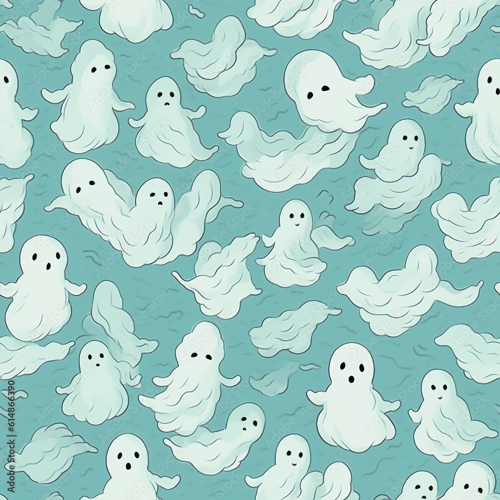 Halloween ghost seamless pattern. Cute spooky ghosts on light blue background. Generative Ai.