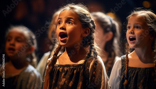 Group Of School Children Singing In Choir Together or perform a musical. Cute kids singing in a music class or dancing on stage