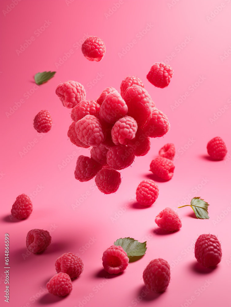 Falling raspberries isolated. Whole berries without leaves in the air. Raspberries fly dynamically on a pink background. Realistic 3D illustration. Generative AI Falling raspberries isolated. Whole berries without leaves in the air. Raspberries fly dynamically on a pink background. Realistic 3D illustration. Generative AI