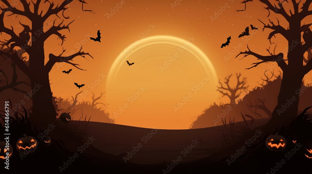 Halloween Fullmoon illustration with copy space. Moon, bats, forest and pumpkins in orange and black colors. Generative Ai.