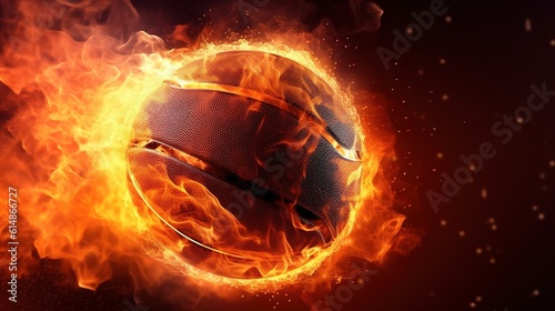 Basketball ball on fire on a dark background. AI generation
