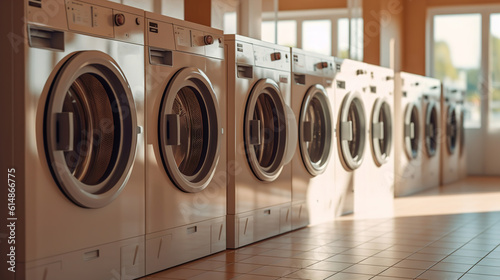 Laundry  washing machines in a row. AI generated  