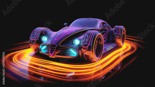 Retro car in a bright neon style on a dark background. AI generation
