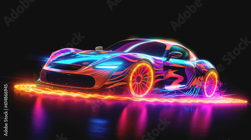 Racing car in a bright neon style on a dark background. AI generation