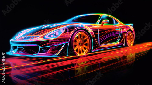 Racing car in a bright neon style on a dark background. AI generation
