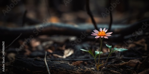 Flower growing up on the burned black ground