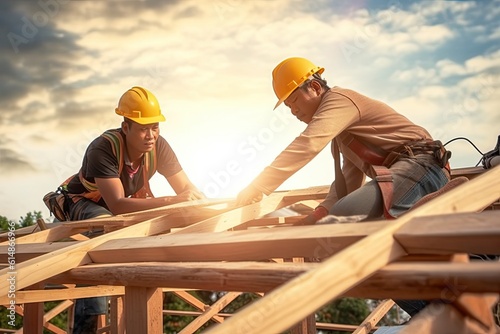 Construction workers working in a roof.