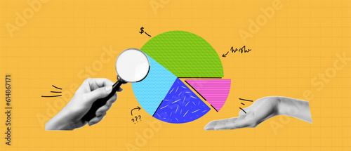 Vector illustration with hands and a graphic. Halftone collage in bright colours.  Hand with magnifying glass and circular diagram. Yellow background. 