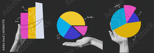 Vector illustration with hands and graphics. Halftone collage in vibrant colours.  Hand with a circular diagram with textures and doodles. Contemporary transparent background. 
