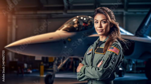 Military fighter jet woman pilot portrait, copyspace. Generative AI