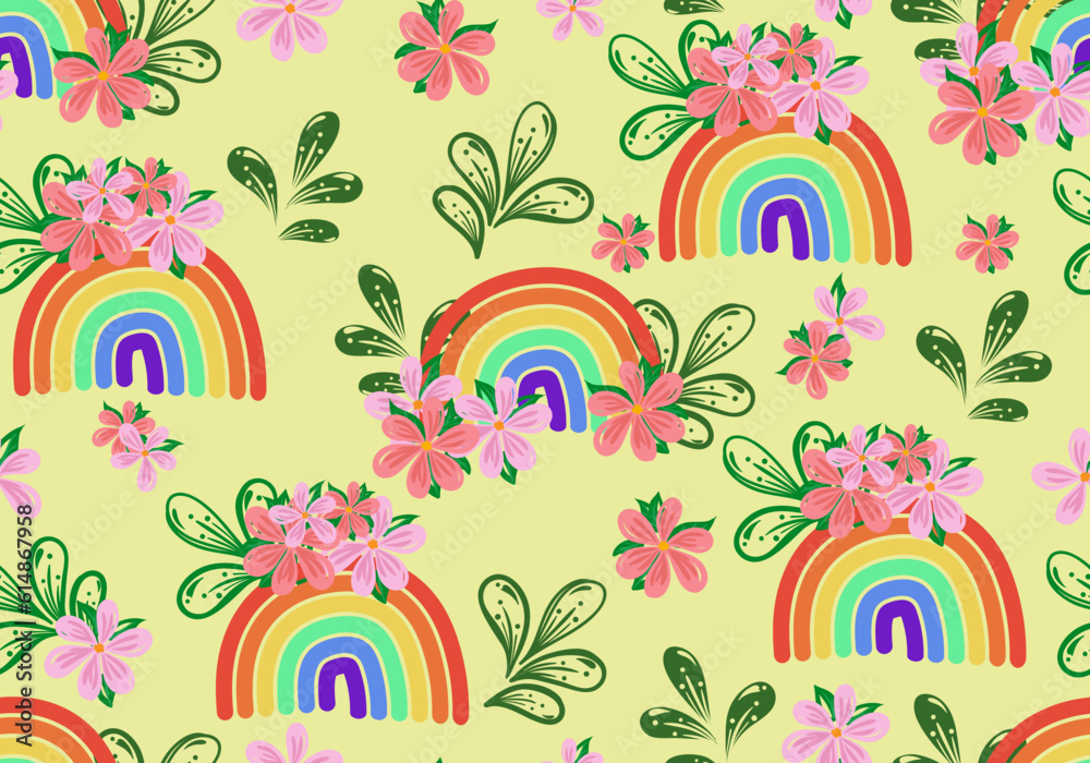 23062002 Colorful floral and rainbow scribble seamless