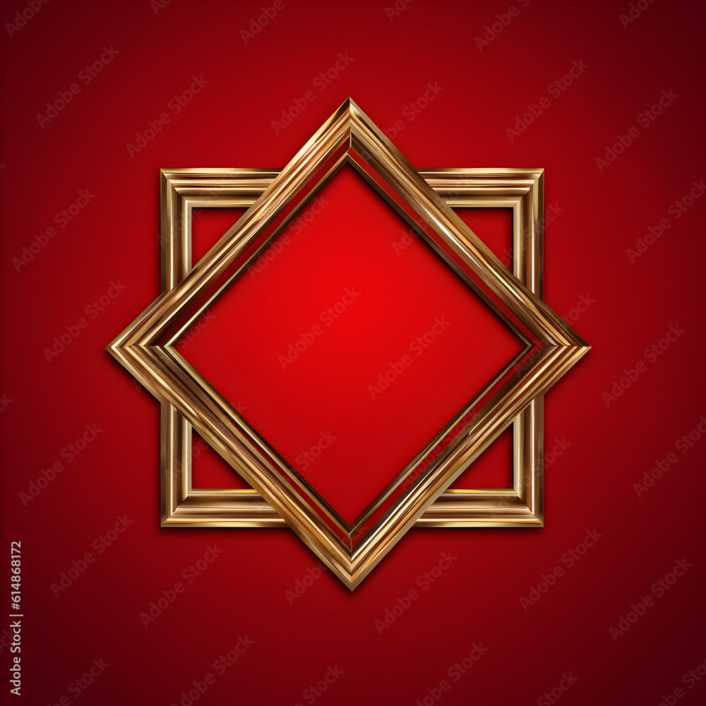 Metal vintage squared frame, the color of old gold, empty space for the text,  a hard red background
