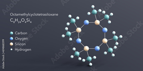 octamethylcyclotetrasiloxane molecule 3d rendering, flat molecular structure with chemical formula and atoms color coding