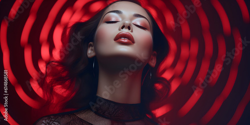 Beautiful brunette model closed eyes, shadows circle around her, red background