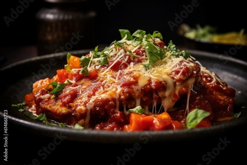Pollo alla Parmigiana on a dark wooden table, backlit by a window, showcasing its rich colors and textures