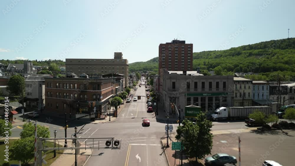 Aerial over small town of Tamqua over main street in Pennsylvania