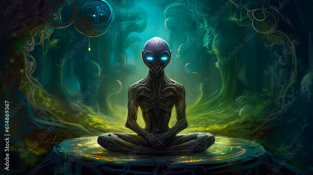 Painting of a meditating alien humanoid

