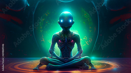 Painting of a meditating alien humanoid