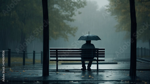 Canvas Print An image of depression showing a man sitting on an abandoned bench in a rainy park