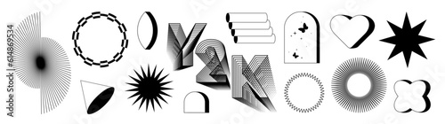 Set of abstract aesthetic y2k geometric elements and 3D wireframe shapes. Black and white retro line design elements. Vector illustration for social networks or posters. EPS 10
