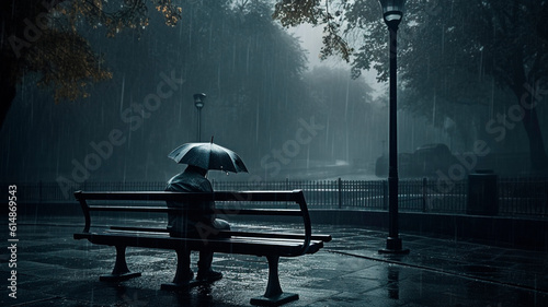 Fotografia An image of depression showing a man sitting on an abandoned bench in a rainy park