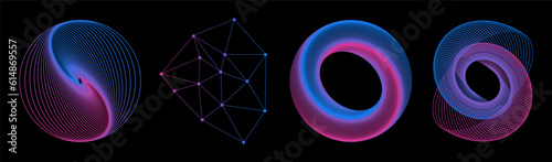 Set of abstract aesthetic y2k geometric elements and 3D wireframe shapes. Gradient retro line design elements. Vector illustration for social networks or posters. EPS 10