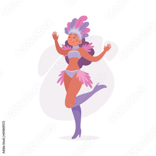 Woman Character Dressed in Carnival and Party Outfit with Bright Feathers Vector Illustration