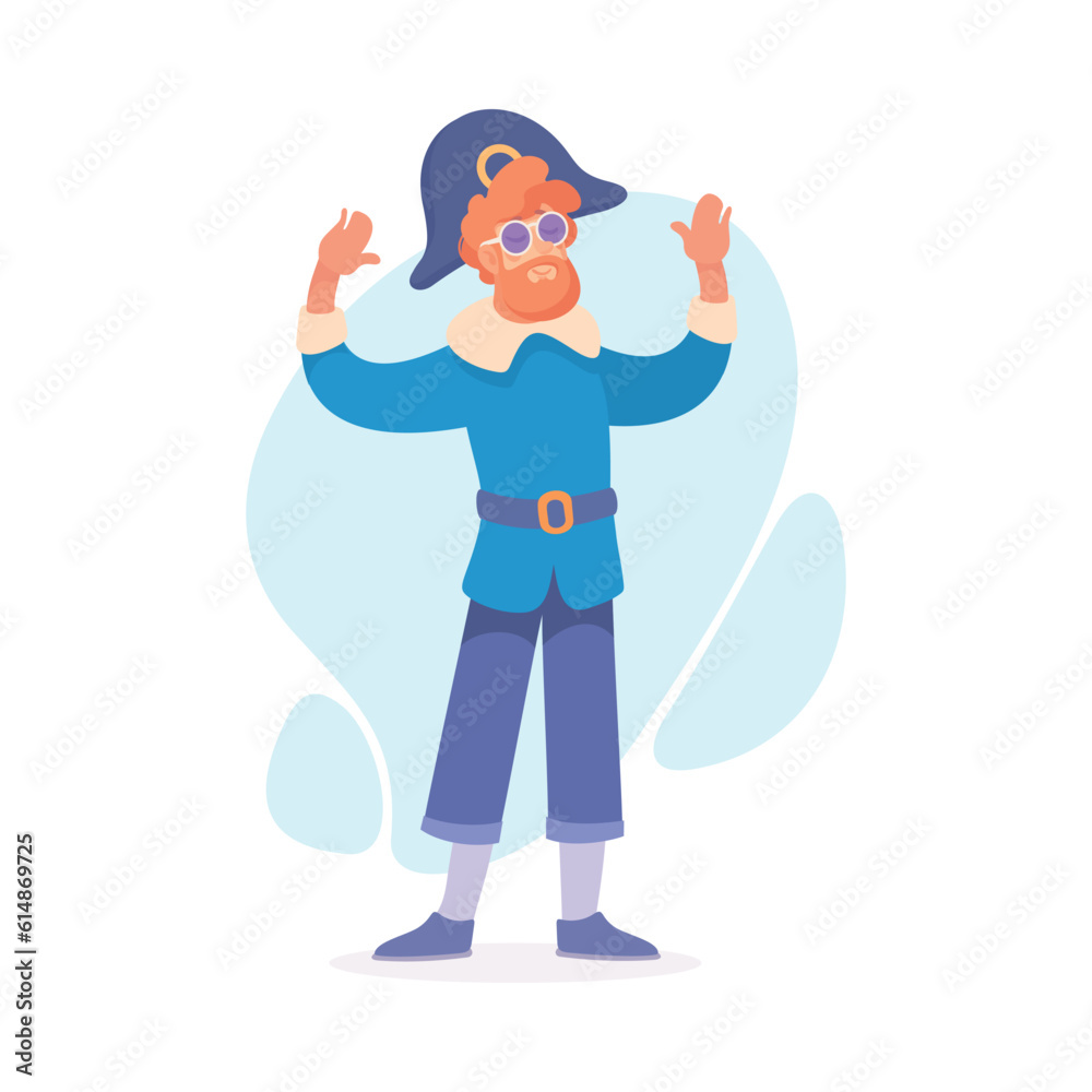Bearded Man Character Dressed in Carnival and Party Pirate Outfit Vector Illustration