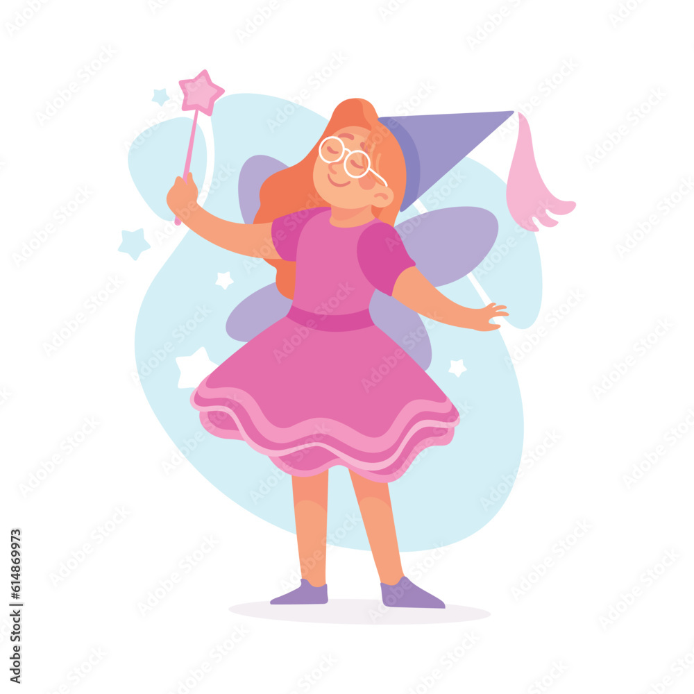 Woman Character Dressed in Carnival and Party Fairy Outfit with Magic Wand Vector Illustration Woman Character Dressed in Carnival and Party Fairy Outfit with Magic Wand Vector Illustration