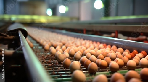 Fresh and raw chicken eggs are moved on a conveyor belt to the packaging department. Consumerism, egg production, automated business, organic products concept. Generative AI