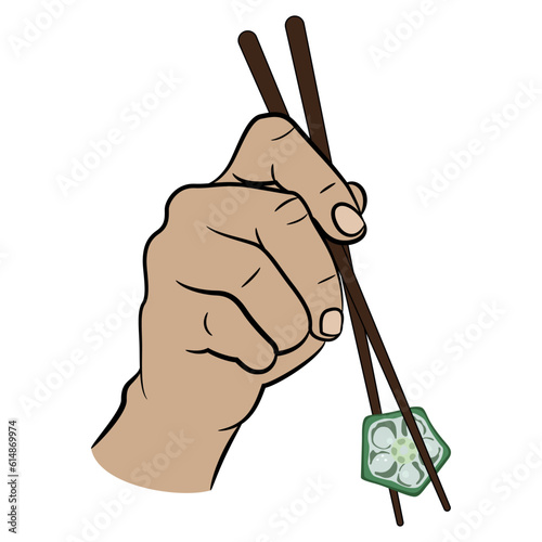 Human hand holding a slice of cut green okra pod or fruit. Abelmoschus esculentus. Healthy vegetarian diet. Asian cuisine. Isolated vector illustration.