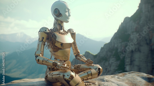 Hyperrealistic robot monk, Zen motifs, mountain background 