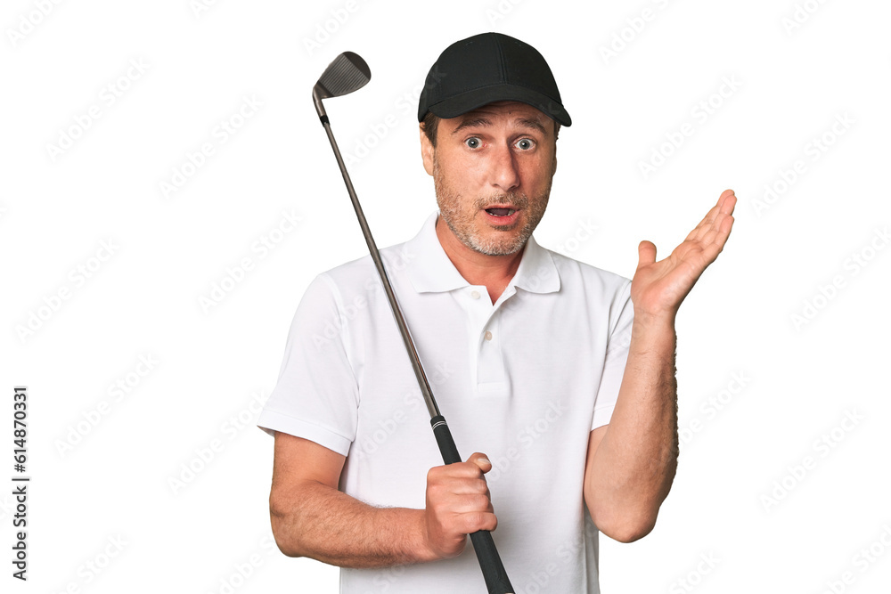 Middle aged golfer man surprised and shocked. Middle aged golfer man surprised and shocked.