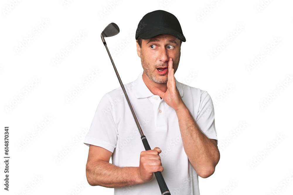 Middle aged golfer man raising fist after a victory, winner concept. Middle aged golfer man raising fist after a victory, winner concept.
