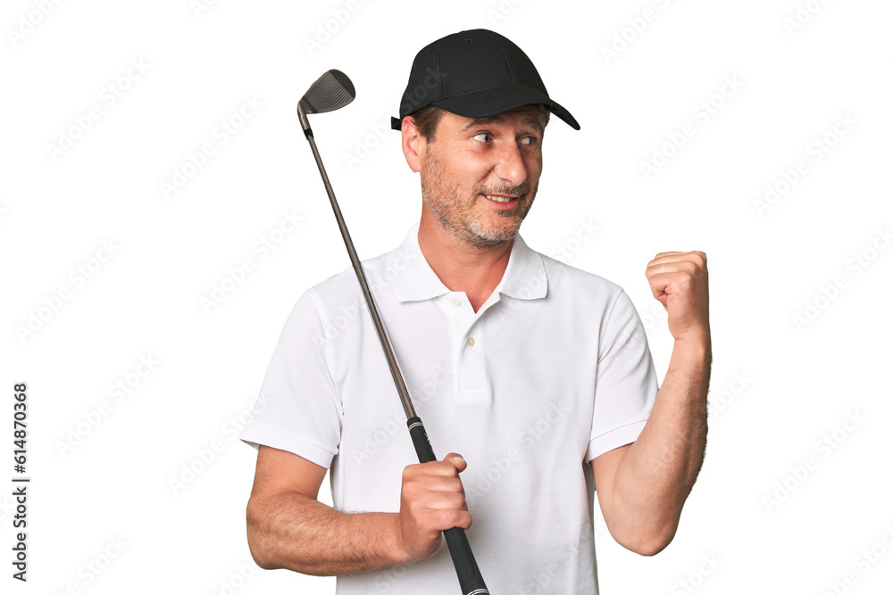 Middle aged golfer man points with thumb finger away, laughing and carefree. Middle aged golfer man points with thumb finger away, laughing and carefree.