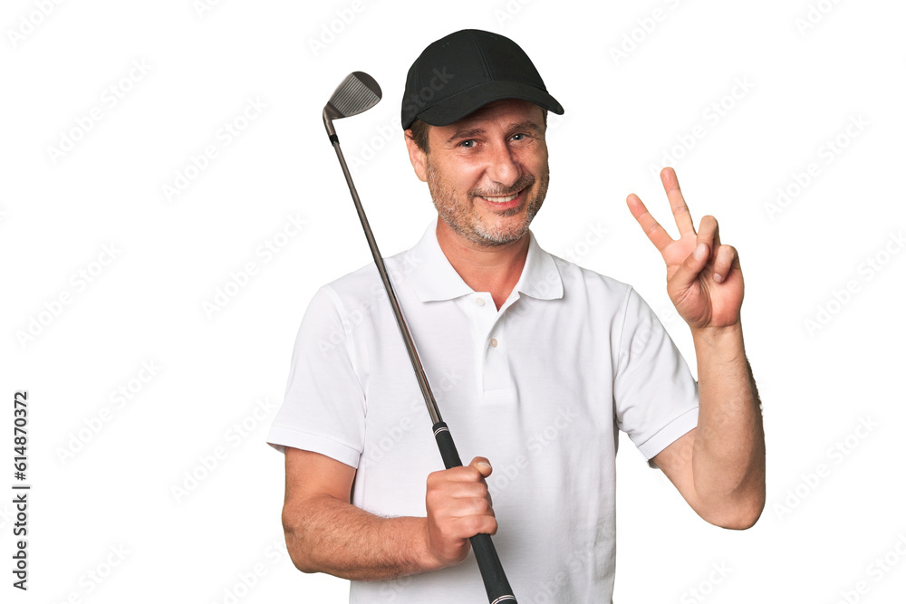Middle aged golfer man joyful and carefree showing a peace symbol with fingers. Middle aged golfer man joyful and carefree showing a peace symbol with fingers.