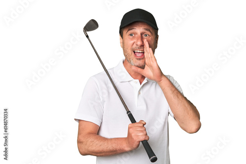 Middle aged golfer man shouting and holding palm near opened mouth.
